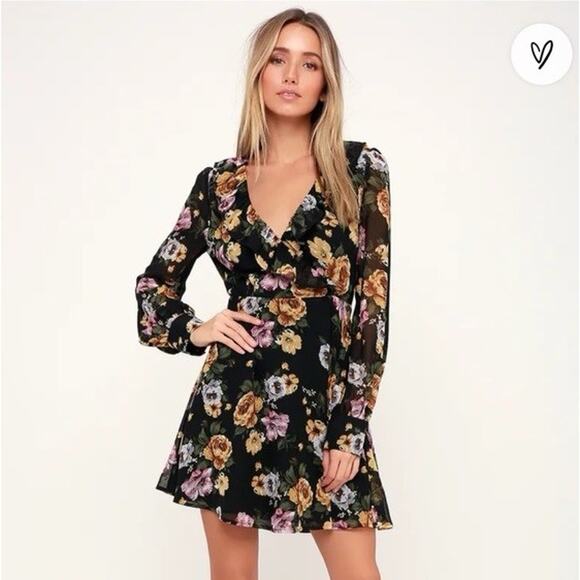 Lulus Love Abound Black Floral Print Long Sleeve Ruffled Mini Dress Sheer Size M - Picture 1 of 13